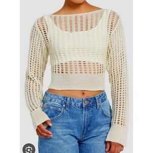 Y2K Grunge festival Hot Topic Open Knit‎ Cropped long Sleeve Cream Sweater XL